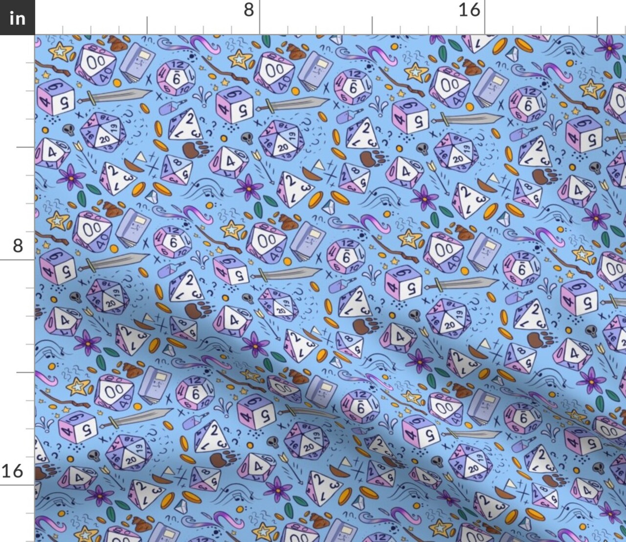 Dice Blue Purple Fantasy Illustration Nerd Sword Games Custom Printed Fabric by Spoonflower Various Fabrics by the Yard or Fat Quarter
